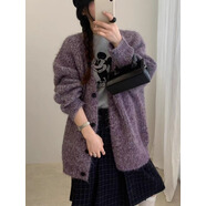 小紅書爆款慵懶風(fēng)寬松軟糯花色中長(zhǎng)款毛衣女秋冬外套針織開衫韓國 紫色 S85-105斤 均碼