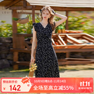 白鹿語夏季V領(lǐng)修身印花長裙氣質(zhì)荷葉邊飛袖連衣裙 黑色 M 