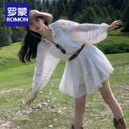 羅蒙（ROMON）法式白色長(cháng)袖連衣裙子女秋季2025新款小個(gè)子西北新疆旅游度假短裙 重工鏤空白色襯衫裙【波西米亞風(fēng) 2XL 65/70kg 【春秋穿搭新品 送