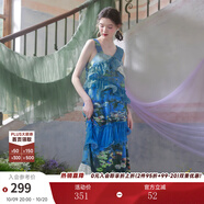 兩三事度假超仙的裙子女夏季紫色油畫(huà)藝術(shù)吊帶海邊連衣裙云霧睡蓮 藍色 M