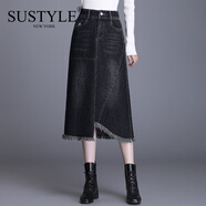 SUSTYLE奢侈高端品牌女裝高檔休閑牛仔半身裙女不規(guī)則復(fù)古包臀裙高腰顯瘦 黑色 3XL