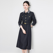 復古牛仔連衣裙女裝南油高貨休閑通勤OL收腰修身撞色小眾設計 藍色 S