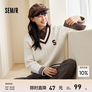 森馬毛衣女撞色V領(lǐng)寬松落肩文藝冬季潮流字母絞花上衣復古學(xué)院風(fēng) 白色調00311 XL 170/92A