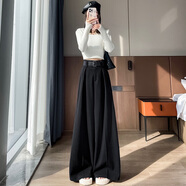 帥西歐毛呢加絨闊腿褲女2025秋冬新款高腰顯瘦直筒寬松西裝休閑褲 黑色 加絨 L 【111斤-120斤】