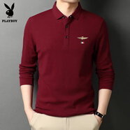 花花公子（PLAYBOY）中年男長(zhǎng)袖Polo衫男式春秋季純棉翻領(lǐng)休閑刺繡男裝T恤衫秋裝上衣 8802-酒紅 M