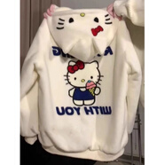 黛瓊奶呼呼卡通可愛(ài)凱蒂貓羊羔毛絨棉衣女秋冬季加絨加厚開(kāi)衫外套 白色400克 加絨 XL 適合120-135斤