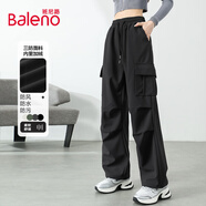 班尼路休閑褲女裝軟殼工裝褲秋冬季保暖加絨新款三防抽繩直筒褲子設計感 黑 【三防面料·薄絨保暖】 S