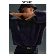 束皙SUSHE 幻瀾 定染彈力馬海毛撞色漸變圓領(lǐng)套頭羅紋寬松毛衣冬