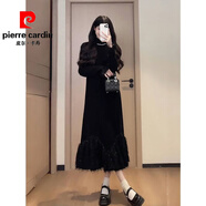 皮爾卡丹（pierre cardin）韓系慵懶風(fēng)高級感連衣裙2025年秋冬新款半高領(lǐng)加絨流蘇白色裙子女 黑色加絨長(cháng)裙 L