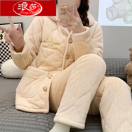 浪莎珊瑚絨睡衣女士新款冬天三層加厚夾棉甜美純欲風(fēng)格保暖棉襖家居服 -珊瑚絨杏色-【4層夾棉】 M 碼適于80-100斤 三層夾棉