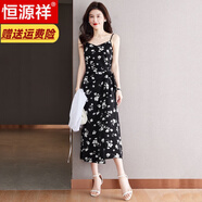 恒源祥高檔吊帶裙女夏季外穿小個(gè)子高級(jí)感性感開(kāi)叉無(wú)袖印花雪紡長(zhǎng)裙新款 黑色 M