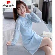 皮爾卡丹（pierre cardin）加絨加厚2025秋冬新款女修身娃娃領(lǐng)針織毛呢連衣裙小個子打底短裙 藍色 S