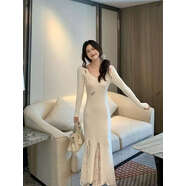 林妍兒v領(lǐng)針織連衣裙女秋冬季修身蕾絲拼接毛衣打底魚(yú)尾包臀長(cháng)裙 白色 XXS S