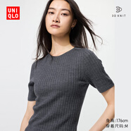 優(yōu)衣庫女裝3D精紡美利奴羊毛羅紋圓領(lǐng)針織衫/5分袖秋冬新款480188 07 青灰色 M /160/84A