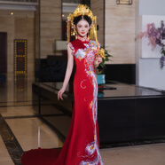如簡重工紅藍旗袍2025新款新中式秀禾服新娘訂婚結(jié)婚出閣禮服敬酒服 錦鳳拖尾款 L 均碼
