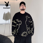花花公子（PLAYBOY）大碼男裝胖子加肥加大寬松圓領(lǐng)卡通印花衛(wèi)衣秋季加絨加厚冬季特大 黑色  新潮W37 常規(guī) 3XL