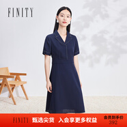 菲妮迪（FINITY）秋裝圓領(lǐng)短袖印花雪紡裙時(shí)尚荷葉袖百褶邊連衣裙女 藏青色 S