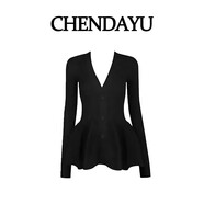 天啟世紀韓版長(cháng)袖V領(lǐng)針織收腰女款2025新款早春黑色氣質(zhì)連衣裙 黑色(復古潮流/秋天高端裙子/仙女超仙森系/半身裙 S 85-95斤