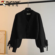 啄木鳥(niǎo)（TUCANO）小香風(fēng)V領(lǐng)針織開(kāi)衫外套女春秋款大碼胖mm顯瘦燈籠袖上衣短款毛衣 黑色 L