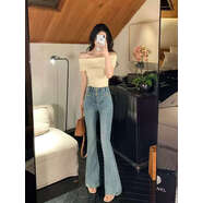 林妍兒假兩件長(cháng)袖T恤女秋冬修身顯瘦收腰純欲蕩領(lǐng)一字肩針織上衣 牛仔藍褲子 XXS S