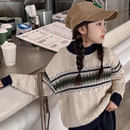 普婭華兒童毛衣秋裝針織衫男女童外穿打底衫寶寶冬款加厚開(kāi)衫新品集 米白色復古絞花毛衣不加絨 100 建議身高90厘米左右