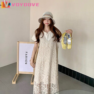 VOYDOVE胖MM特大碼300斤復古疊穿鉤花鏤空連衣裙套裝女A字長(cháng)裙T恤兩件套 T恤裙+蕾絲裙兩件套【z】 3XL 【190-240斤】