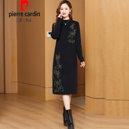 皮爾卡丹（PIERRE CARDIN）高端時尚2025新款印花過膝針織洋裝女秋冬打底裙媽媽中長版毛衣裙黑色4XL