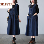 夏典素訂女王（SE.PSTP）牛仔背帶裙2025年新款寬松大碼韓版文藝遮肚顯瘦中長(zhǎng)款無(wú)袖連衣裙 深藍(lán)色 L 【建議90-125斤】