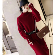 花花公子（PLAYBOY）針織連衣裙秋冬燈籠袖氣質(zhì)名媛新款腰帶收腰半高領(lǐng)毛衣長裙 酒紅色 S
