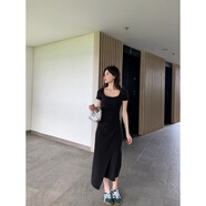 園翌方領修身顯瘦連衣裙女夏季收腰短袖不規(guī)則長款裙子 黑色 S