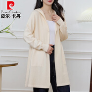 皮爾卡丹（pierre cardin）中老年秋季薄款連帽開衫女韓版大碼針織衫薄款遮肚中長款氣質外套 杏色 M