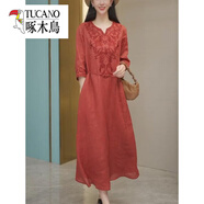 啄木鳥(niǎo)（TUCANO）棉麻紅色連衣裙女早春夏2025年新款媽a媽大d碼苧麻a字裙亞麻v領(lǐng)裙 紅色 XL 【120-135斤】