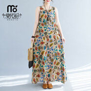 莫代爾簡(jiǎn)約時(shí)尚連衣裙女波西米亞夏季新款加肥加大無(wú)袖圓領(lǐng)印花中長(cháng)裙 綠色 M 95-110斤