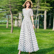 芊綢波西米亞時(shí)尚超長(cháng)裙大波點(diǎn)170高個(gè)子女裝氣質(zhì)雪紡夏季薄款連衣裙 白色 M