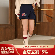 森女部落原創(chuàng)美式學院風設計感藏青色短褲高腰顯瘦百搭毛呢休閑褲 藏青色短褲（單件） S