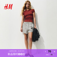 H&M女裝T恤2025秋季新款短袖時尚休閑一字領(lǐng)修身羅紋上衣1296056 鐵銹紅 M 165/96