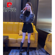 皮爾卡丹（pierre cardin）春季減齡穿搭一整套2025新款設計感翻領(lǐng)拼接針織毛衣+短褲兩件套 灰色針織毛衣+黑色短褲 S 建議85-100斤