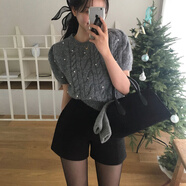 LISCN香港潮牌灰色毛呢短褲女冬季顯瘦韓版修身包臀呢子靴褲高腰打 黑色 XS