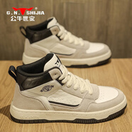 公牛世家秋冬季男鞋2025新款皮面高幫aj鞋子男款休閑加絨棉鞋運動(dòng)板鞋男 米色【四季款單鞋】 GN123101889 42