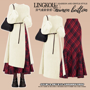 右小姐大碼女小香風(fēng)兩件套秋冬針織連衣裙高腰魚(yú)尾半身裙新年戰袍套裝裙 杏色毛衣+腰帶+紅色半身裙 S