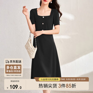 尚都比拉短袖連衣裙女夏季復古赫本風(fēng)氣質(zhì)通勤裙子中長(cháng)款A字裙 雅黑色 S