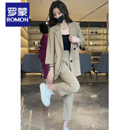 羅蒙（ROMON）氣質職業(yè)長袖小西裝女春秋新款大碼胖妹妹顯瘦感御姐兩件套裝 卡其色套裝【網紅流行漂亮/輕熟 M 【建議80-100斤】