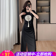 歐貝汐國風(fēng)連衣裙盤(pán)扣流蘇中長(cháng)款皺褶遮肉開(kāi)叉設計感大碼T恤裙 黑色 S