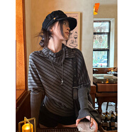 哈魯迪套頭針織衫女秋季韓系條紋設計感小眾蝙蝠袖收腰慵懶感打底衫上衣 黑灰色 均碼 （80-95斤)