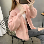 羅蒙水貂絨加厚針織衫外套上衣2025秋冬新款女裝韓版口袋寬松毛衣開(kāi)衫 粉色 M