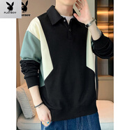 花花公子（PLAYBOY）新款（PAYBOY）長(cháng)袖t恤男士套頭春季打底衫時(shí)尚青年休閑polo領(lǐng)上 黑色 Q-KPHH3032 M