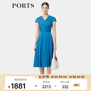 PORTS寶姿春季新品女裝優(yōu)雅桑蠶絲天空湛藍V領(lǐng)短袖休閑連衣姿春季新 寧靜藍-1 S (4)