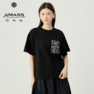 阿瑪施（AMASS）女裝休閑造型質(zhì)感胸前口袋亮片釘珠設計圓領(lǐng)短袖T恤女530088 黑 S (2碼)
