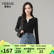 婭麗達設計感小眾v領(lǐng)假兩件t恤女春秋新款打底衫修身長袖體恤 黑色(A0) M