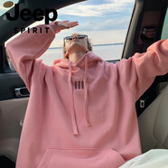 JEEP SPIRIT600G重磅100純棉衛(wèi)衣男秋冬季寬松大碼打底衫情侶裝顯瘦外套潮流 加肥加大碼男裝-粉紅色 S